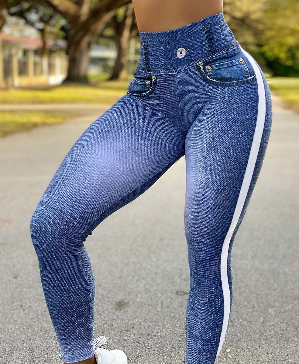 High-Waisted Denim Texture Yoga Pants with Elastic Comfort and Slimming Fit for Versatile Daily Use