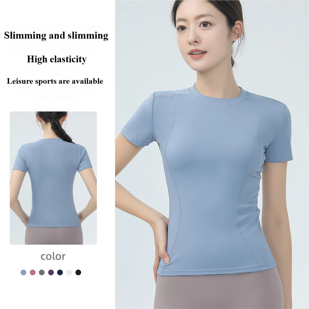 Women's yoga clothes, short sleeves, tight slimming fitness tops, nude high elasticity sports running T-shirts, Pilates fitness clothes