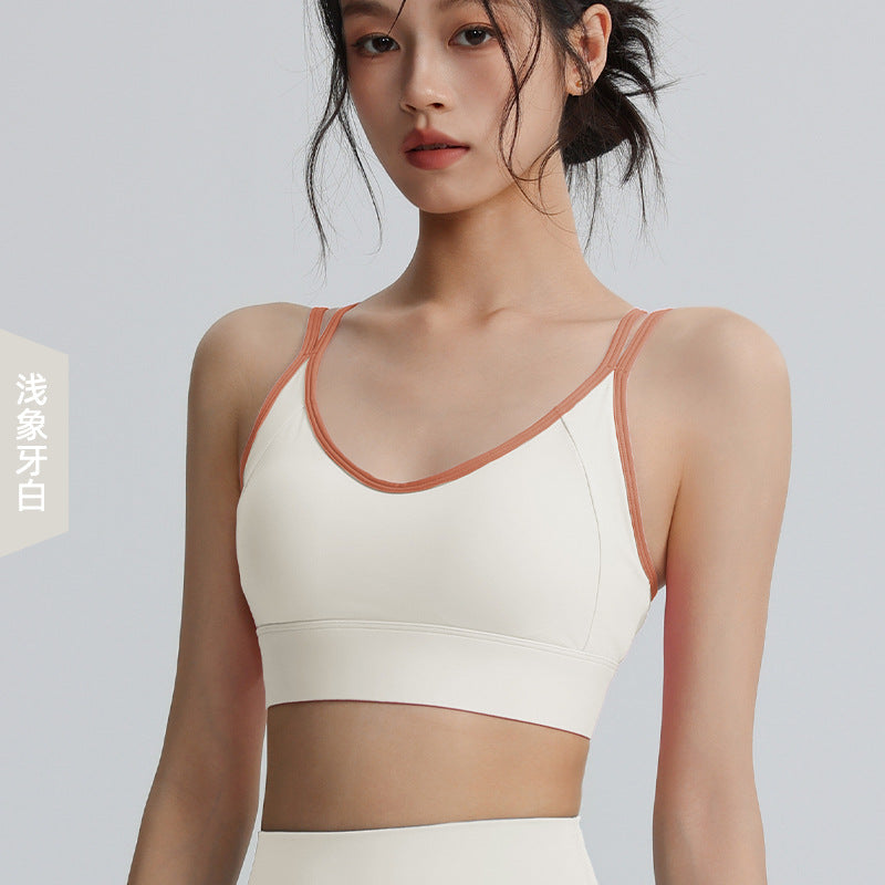 Super fairy contrast color sports bra women's fitness running shock absorption gathered sports bra quick dry outer wear summer yoga clothes