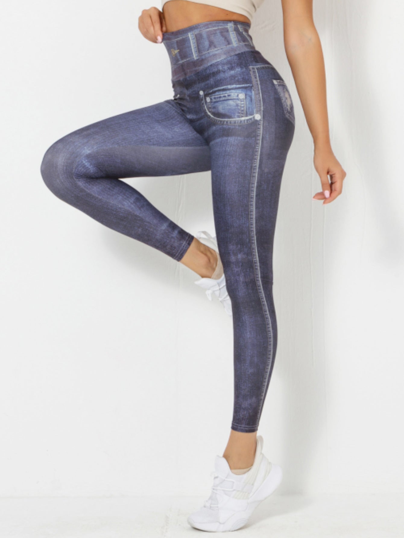 Denim-Like Yoga Leggings with Pocket Slimming & Versatile Outer Wear Comfort Stretch Ankle-Length Fitness Pants