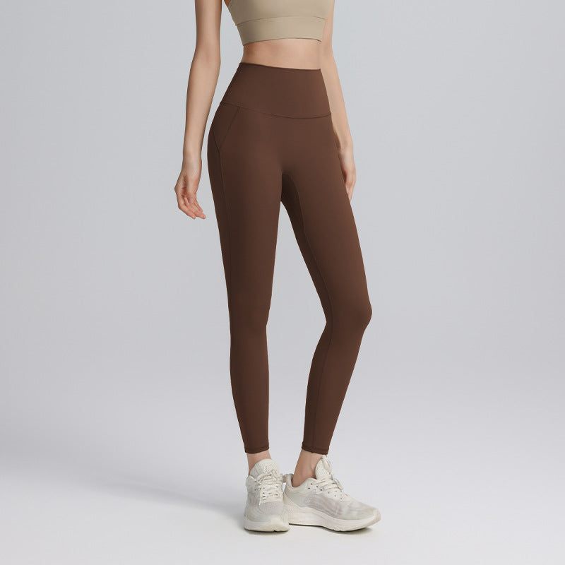 No panties, nude yoga pants, women's belts, pockets, high-waisted hip lift, abdominal tuck-in, elastic can be worn outside, sports running gym pants
