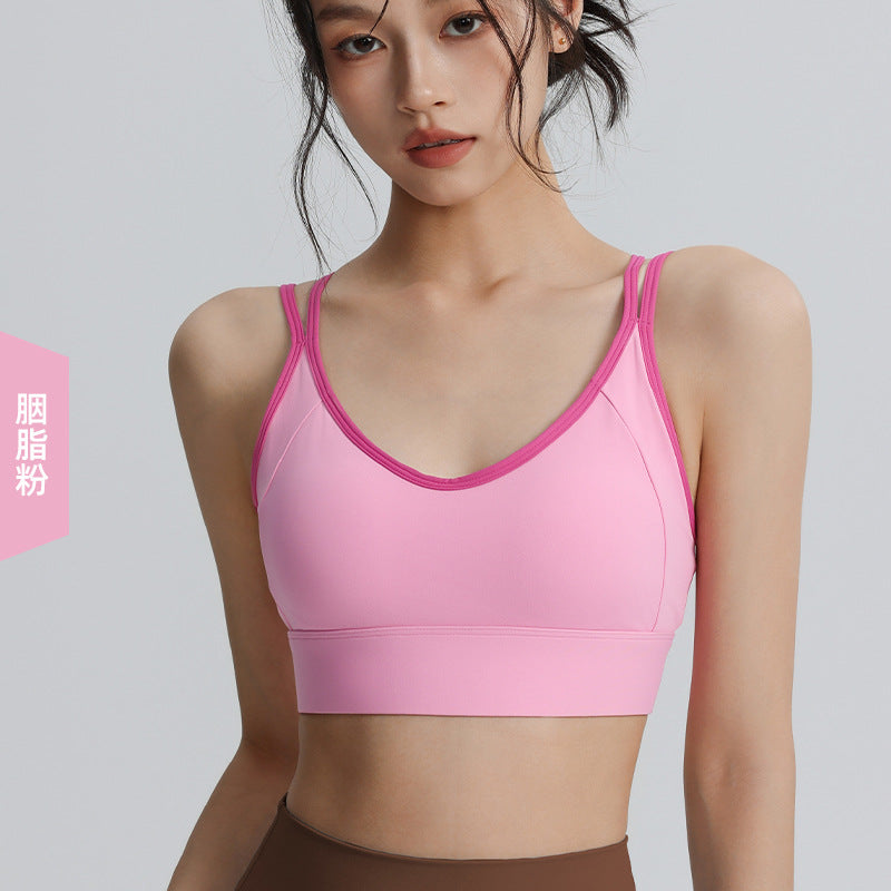 Super fairy contrast color sports bra women's fitness running shock absorption gathered sports bra quick dry outer wear summer yoga clothes
