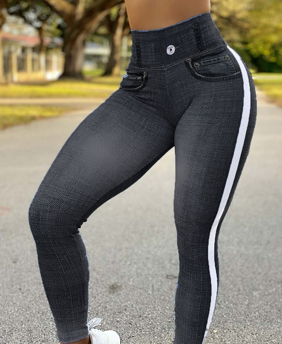 High-Waisted Denim Texture Yoga Pants with Elastic Comfort and Slimming Fit for Versatile Daily Use