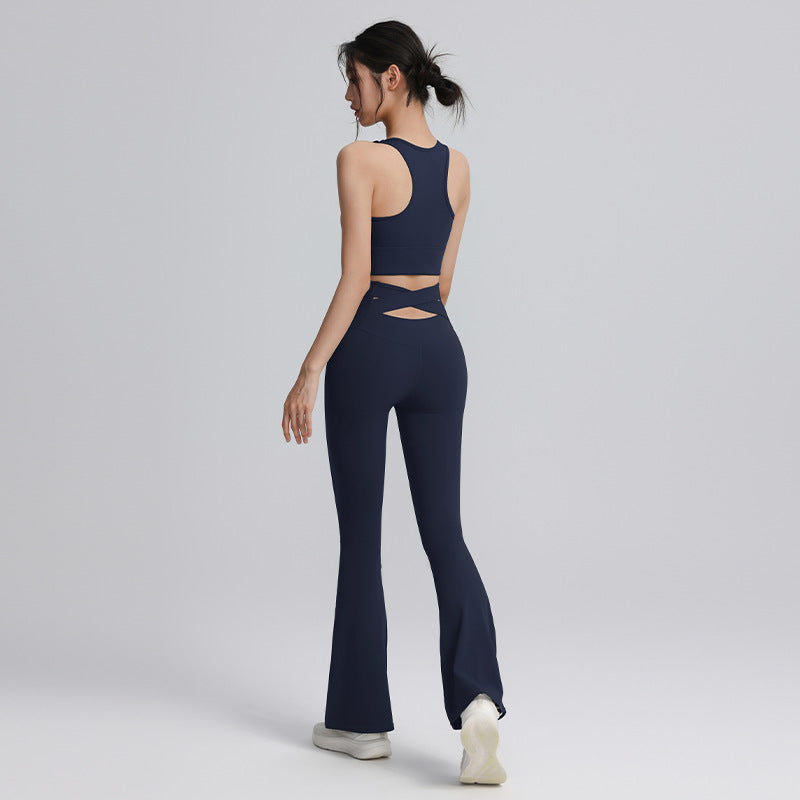 [Suit] Vest-style sports bra high waist hollow yoga flared pants quick-drying breathable sports suit for women