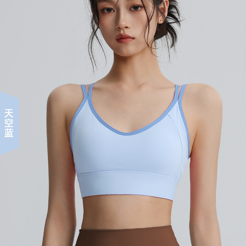 Super fairy contrast color sports bra women's fitness running shock absorption gathered sports bra quick dry outer wear summer yoga clothes