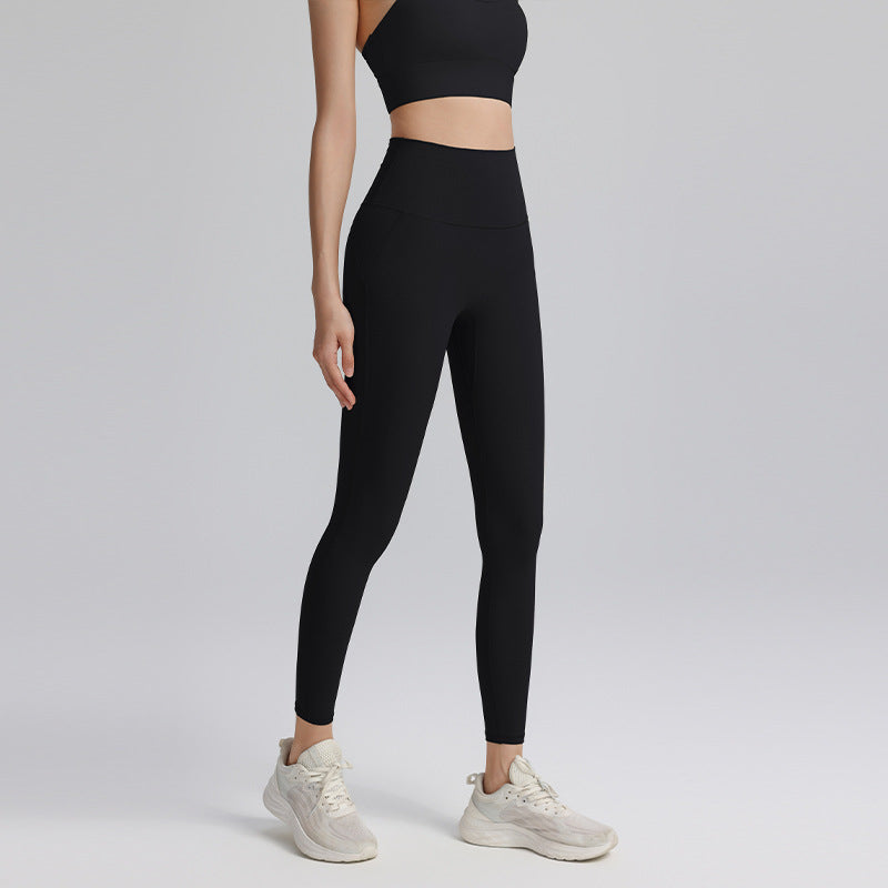 No panties, nude yoga pants, women's belts, pockets, high-waisted hip lift, abdominal tuck-in, elastic can be worn outside, sports running gym pants