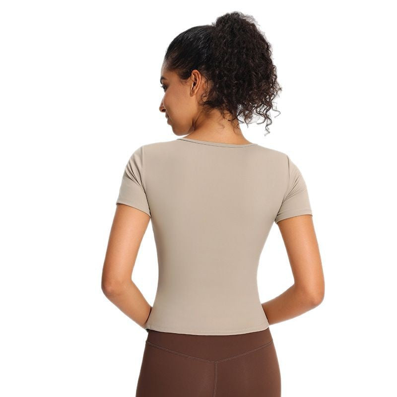 Fixed Cup Sports T-shirt Women's Tight Slim V-neck Yoga Clothes Tops Sports Outdoor Quick-drying Breathable Fitness Short Sleeves