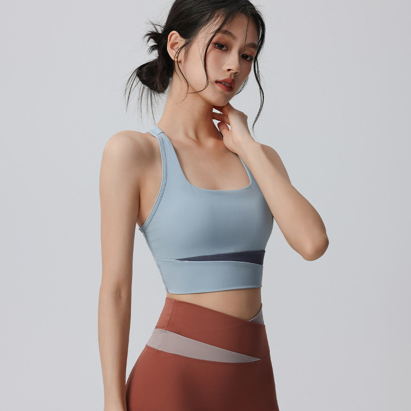 I-shaped sports bra splicing shockproof gathering yoga tops sports outdoor yoga clothes women's running sports vests