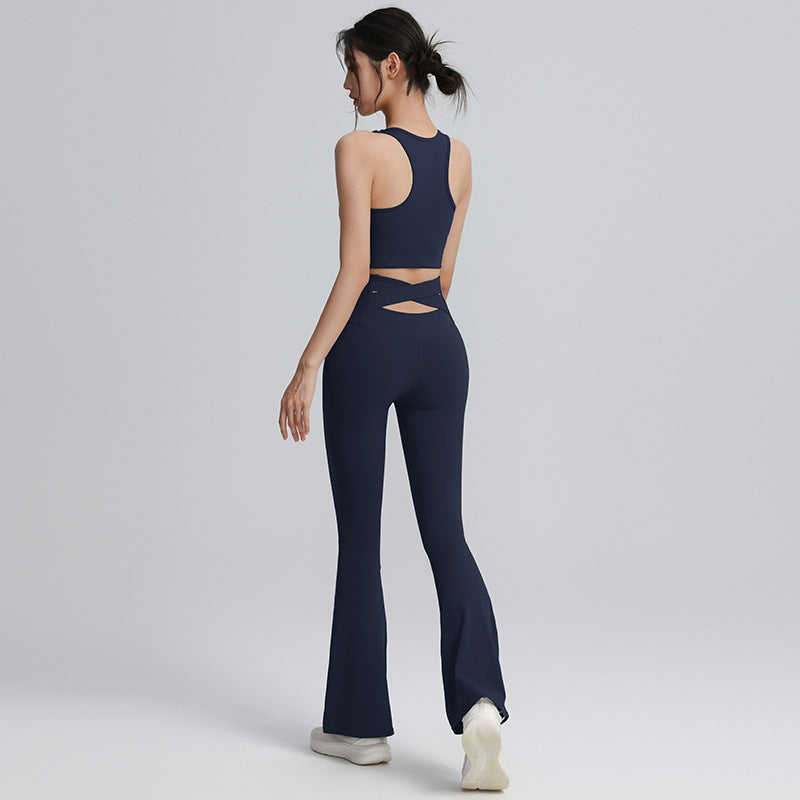 [Suit] Vest-style sports bra high waist hollow yoga flared pants quick-drying breathable sports suit for women