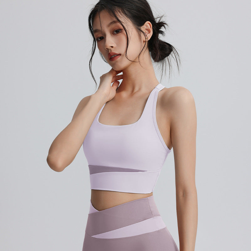 I-shaped sports bra splicing shockproof gathering yoga tops sports outdoor yoga clothes women's running sports vests