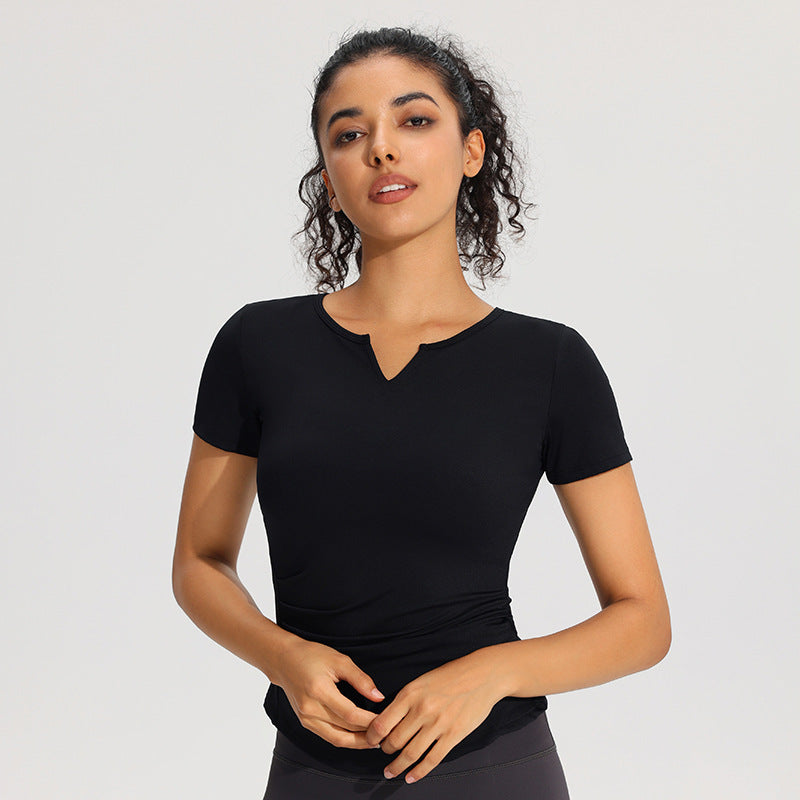 Fixed Cup Sports T-shirt Women's Tight Slim V-neck Yoga Clothes Tops Sports Outdoor Quick-drying Breathable Fitness Short Sleeves