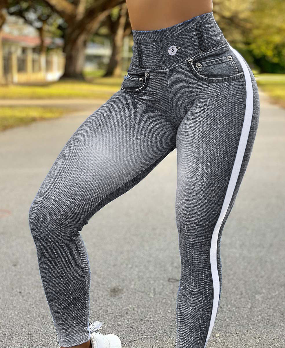 High-Waisted Denim Texture Yoga Pants with Elastic Comfort and Slimming Fit for Versatile Daily Use