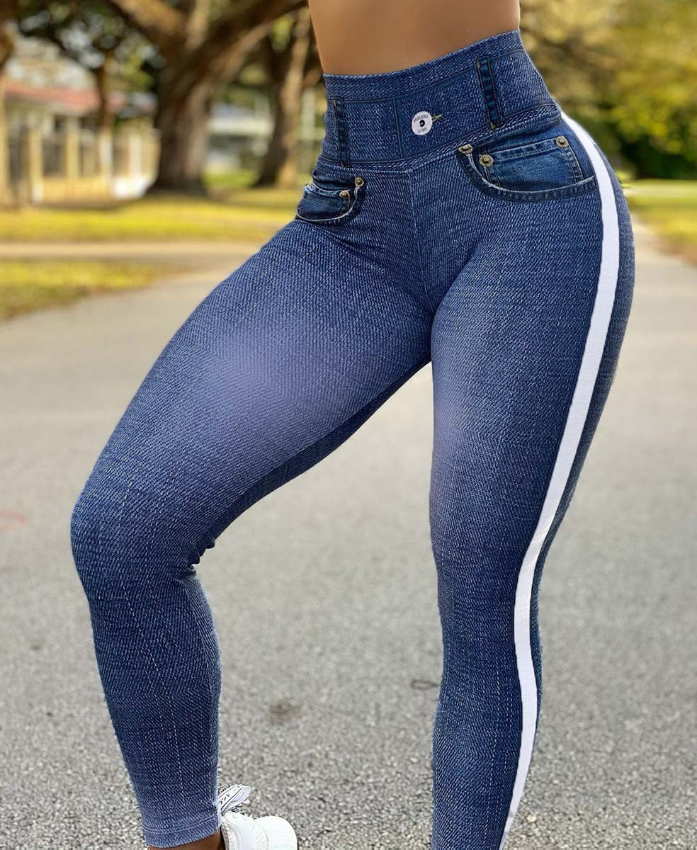 High-Waisted Denim Texture Yoga Pants with Elastic Comfort and Slimming Fit for Versatile Daily Use