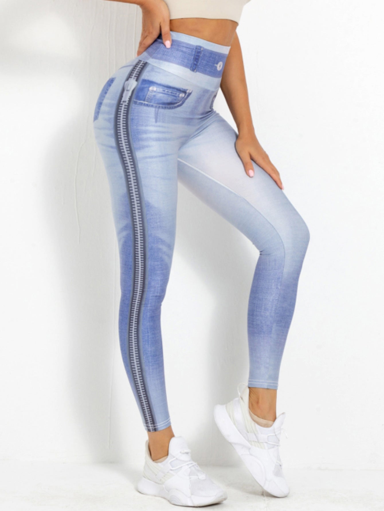 Denim-Like Yoga Leggings with Pocket Slimming & Versatile Outer Wear Comfort Stretch Ankle-Length Fitness Pants