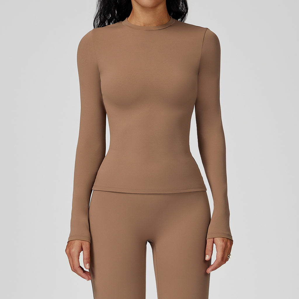 Brushed long-sleeved yoga suit round neck slim fitness suit outdoor running sports long-sleeved T-shirt