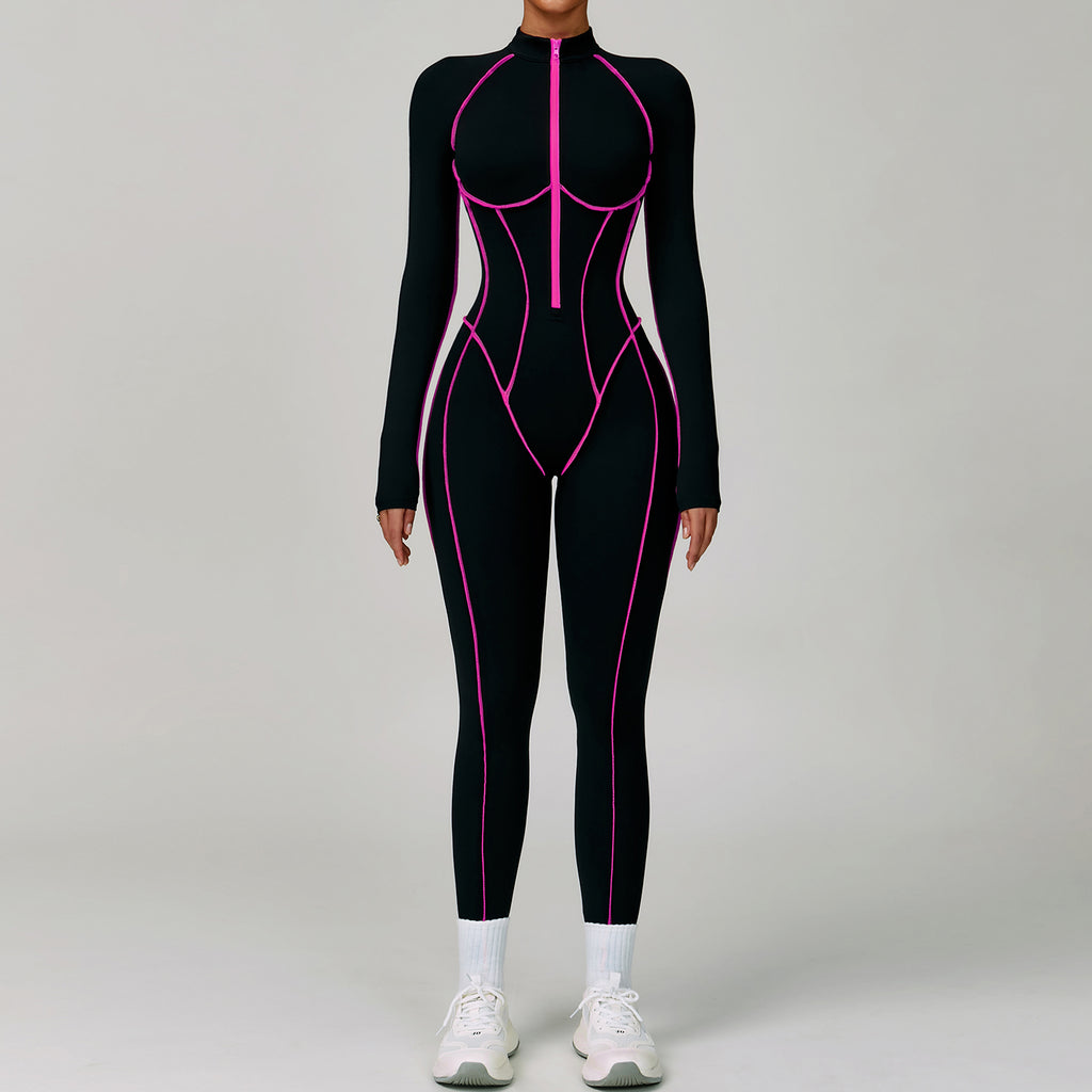 Contrast color one-piece quick-drying yoga suit beautiful back tight fitness suit high-intensity sports running jumpsuit