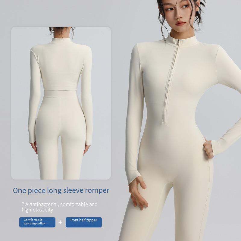 Stand up collar semi-zipper yoga bodysuit tight-fitting waist slimming high elasticity shaping long sports training clothes