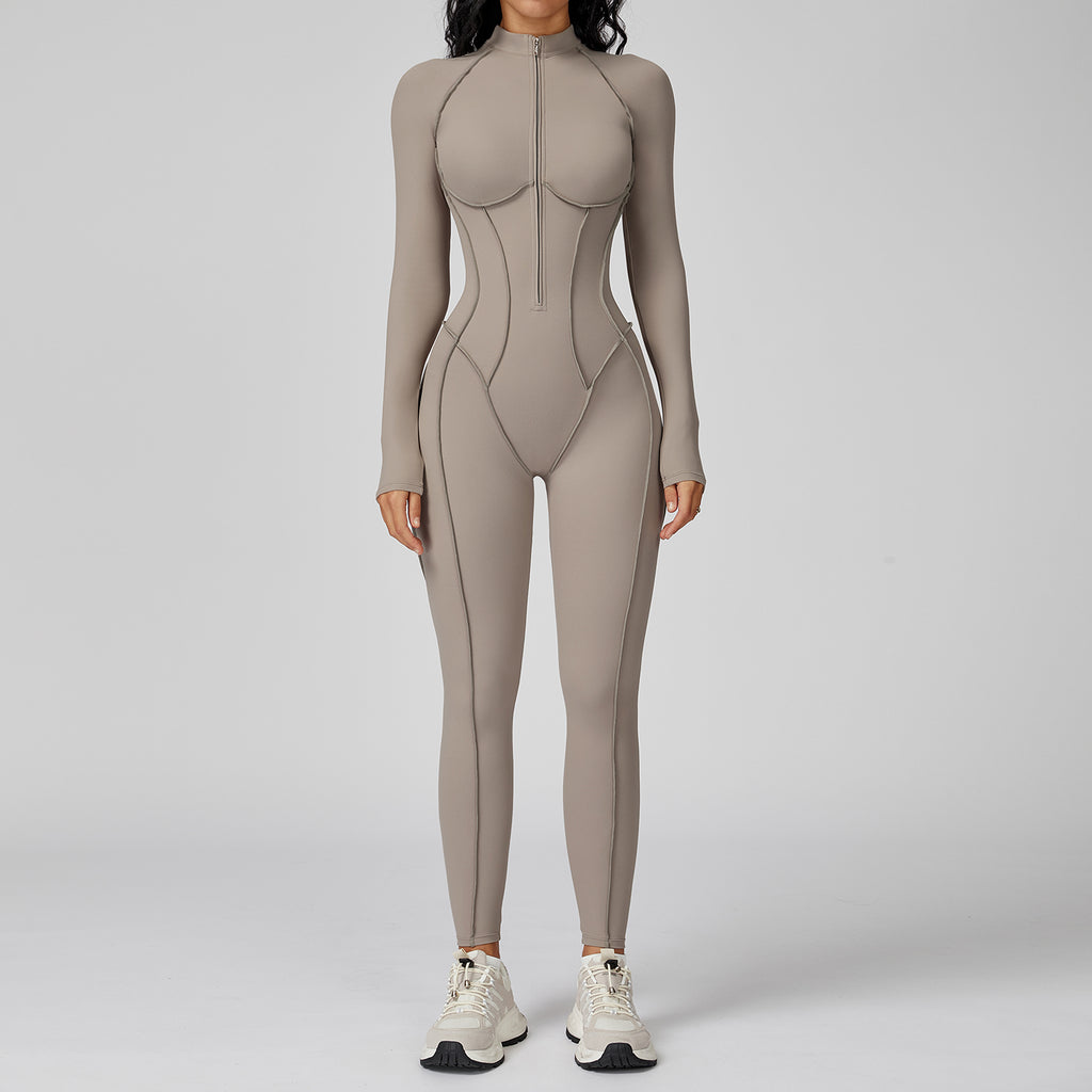 Contrast color stand collar jumpsuit half zip one-piece fitness suit women's high-intensity sports yoga suit