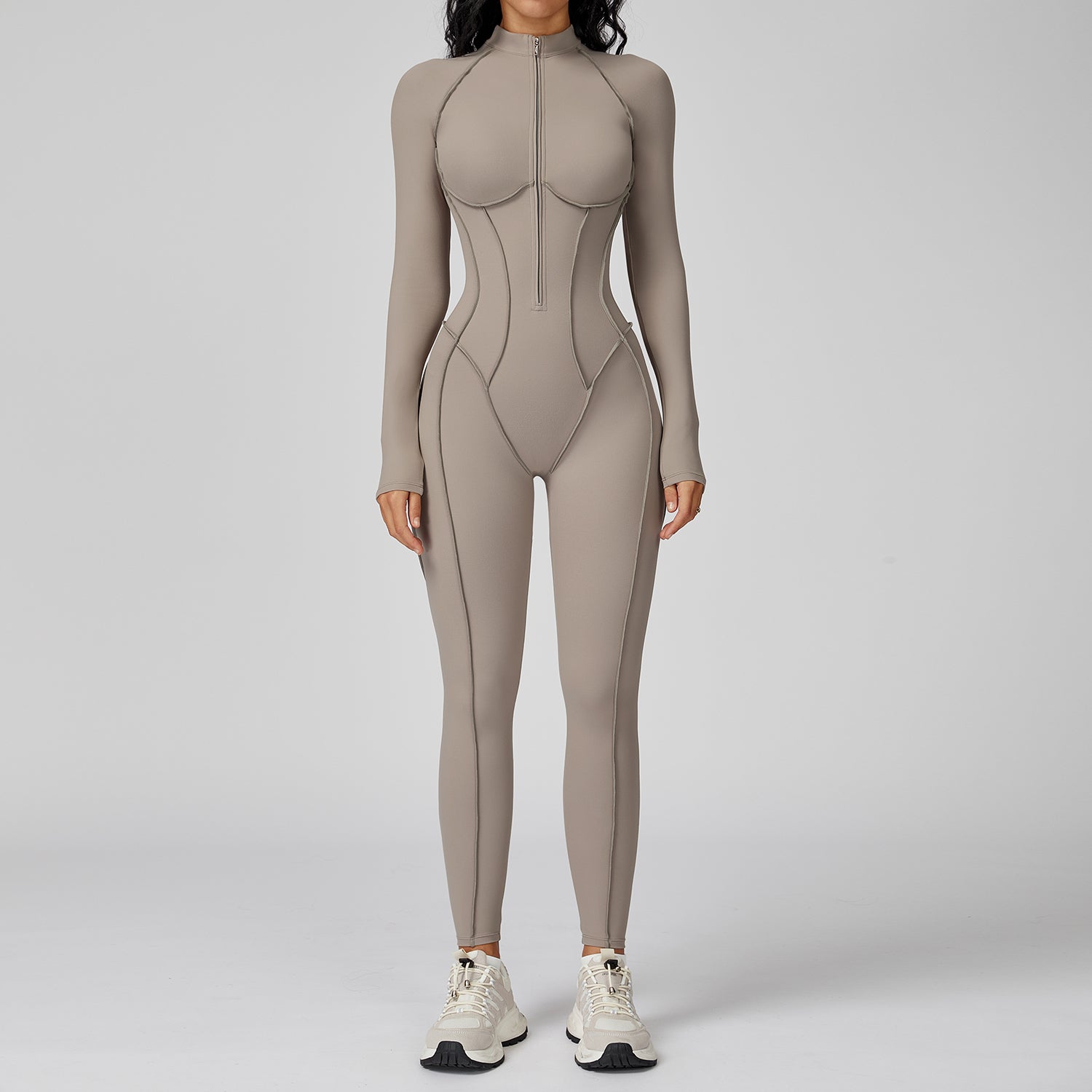 Contrast color stand collar jumpsuit half zip one-piece fitness suit women's high-intensity sports yoga suit