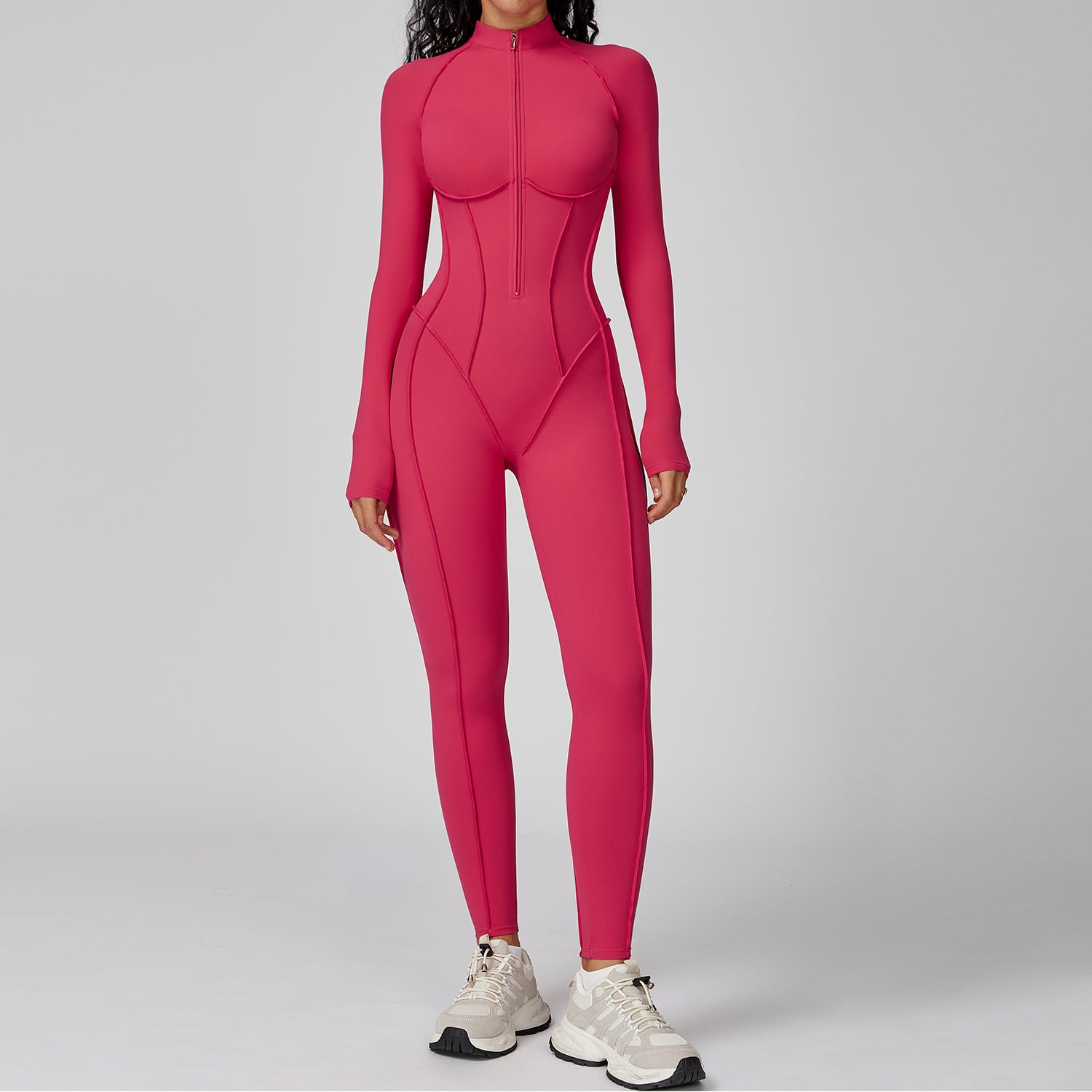 Contrast color stand collar jumpsuit half zip one-piece fitness suit women's high-intensity sports yoga suit