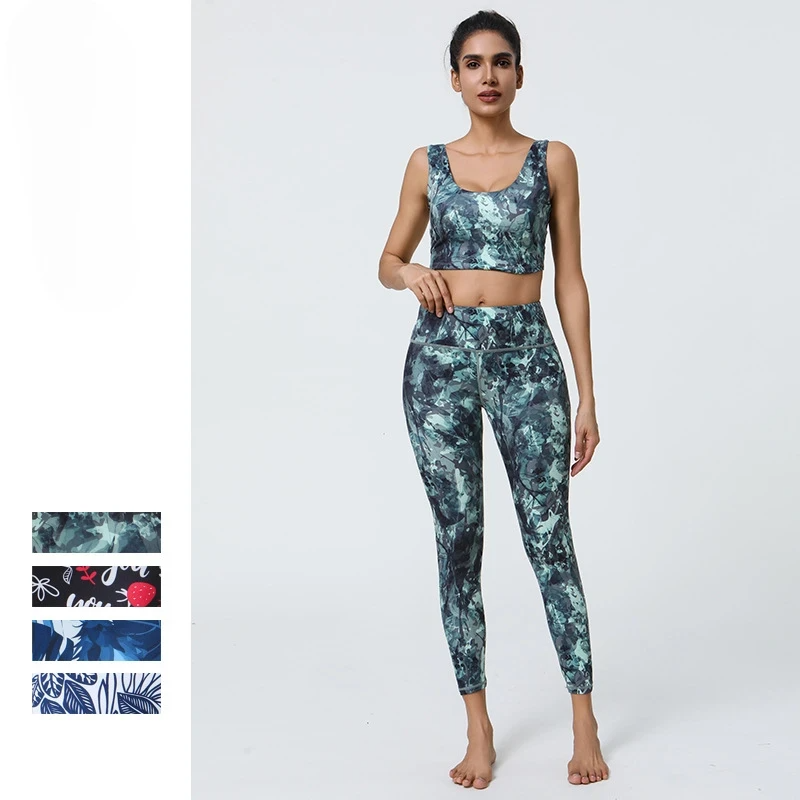 Printed Yoga Leggings - High Support & Color-Fast Sports Vest with Chest Pads