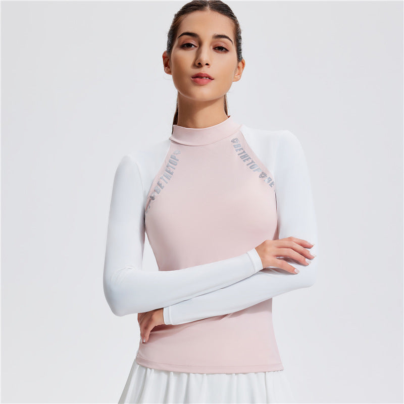 Temperament Golf Sports T-Shirt Women's Half High Neck Long Sleeve Tennis Thin Running Stretch Color Blocking Outdoor Top