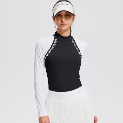 Temperament Golf Sports T-Shirt Women's Half High Neck Long Sleeve Tennis Thin Running Stretch Color Blocking Outdoor Top